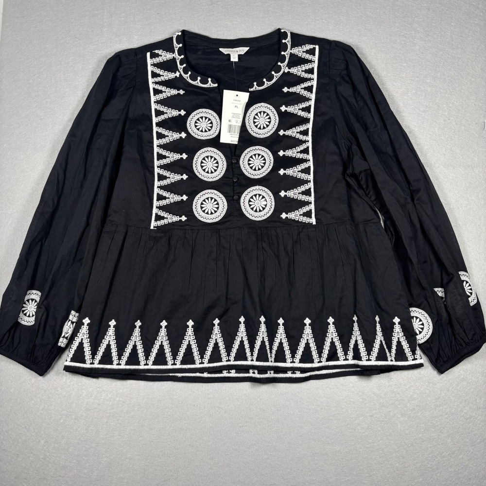 New Crown and Ivy Women's Black/White Blouse Top Petite‎ Large Boho Embroidered